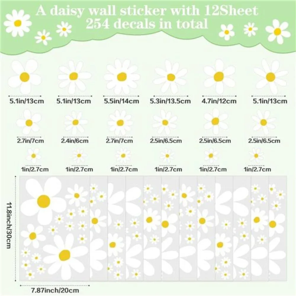Daisy Wall Decals Flower Stickers Peel and Stick Kids Girls Room Decor 12 Sheets